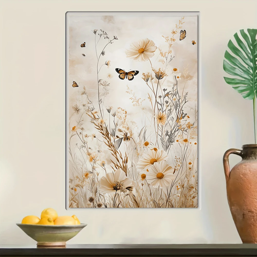 Beige Watercolor Floral and Butterfly Canvas Poster - Serene Nature-Inspired Wall Art, Frameless Modern Print for Home, Office,