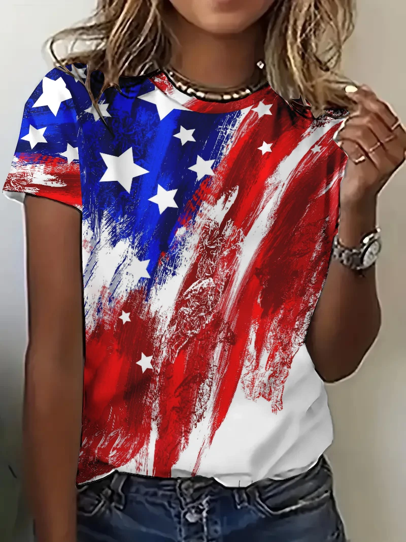 Digital Print National Flag Independence Day Personalized Fashion T-Shirt Women's Harajuku Pattern Short Sleeve Casual T shirts