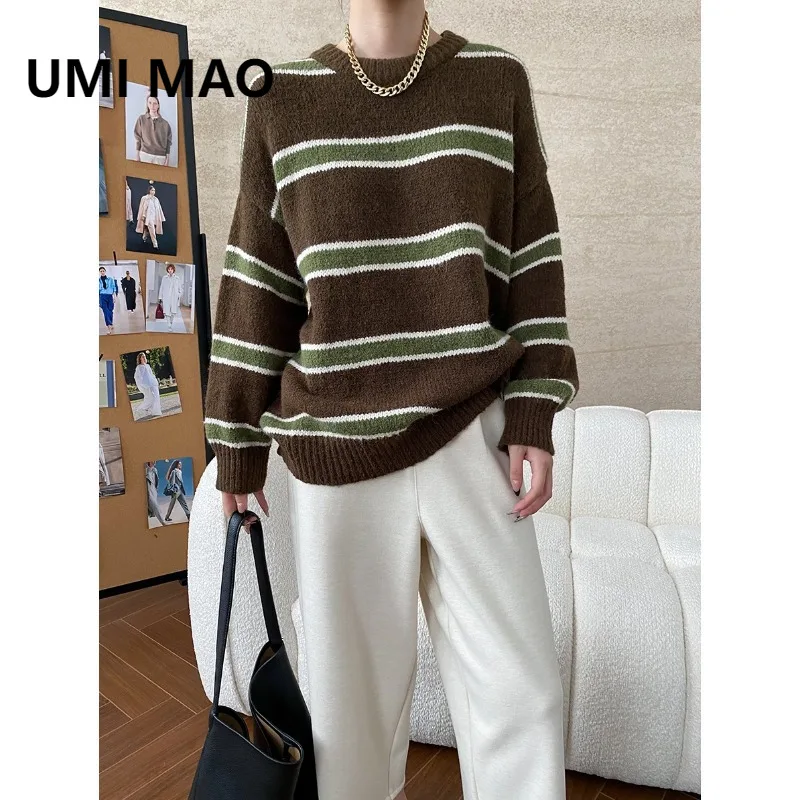 

UMI MAO Топы для женщин Винтажный студенческий стиль Мягкий и уютный ленивый полосатый свободный пуловер с круглым вырезом в полоску с цветными блоками вязаный свитер