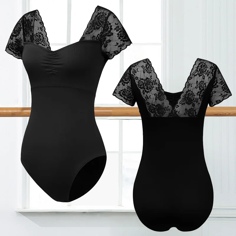Damen-Ballett-Turnanzüge mit kurzen Ärmeln und Spitze für Erwachsene, Gymnastik-Tanzoberteile mit Spitze, hohlem Rücken und weichem Futter, Tanzbekleidung