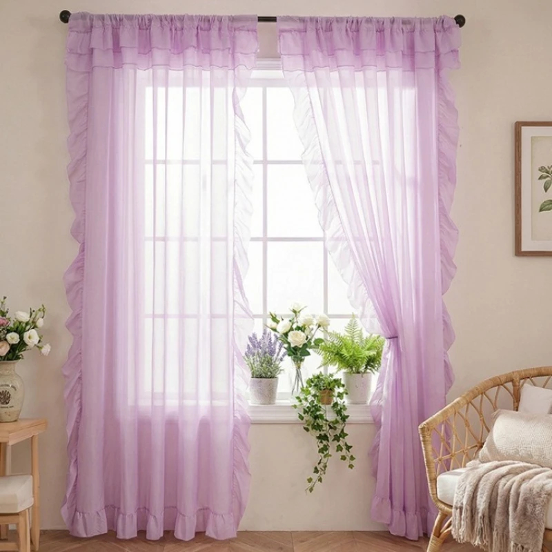 Home Decor Romantic Curtain Semi Transparent Rod Pocket Sheer Curtain with Lotus Leaf Edge Light Elegant Door Window Drapery