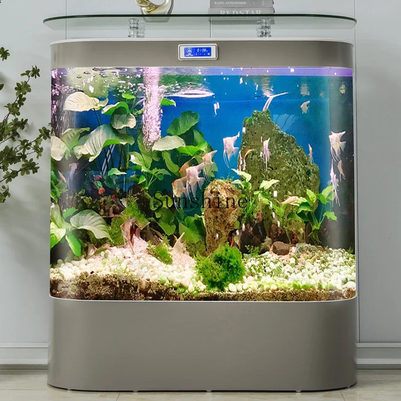 

Curved living room ecological fish tank household medium and large glass floor filtration water-free all-in-one machine