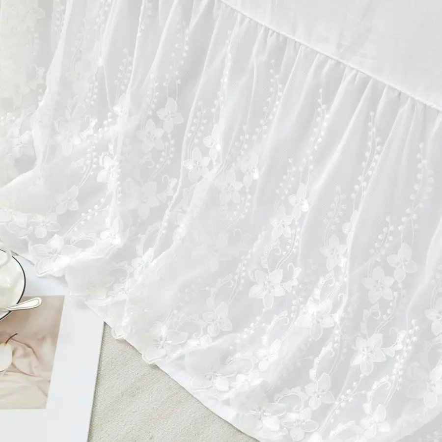 

Lace Bed Skirt Queen Size Ruffled Bed Skirts with Split Corners, 12 Inch Drop Dust Ruffle Bed Skirt with Platform, White