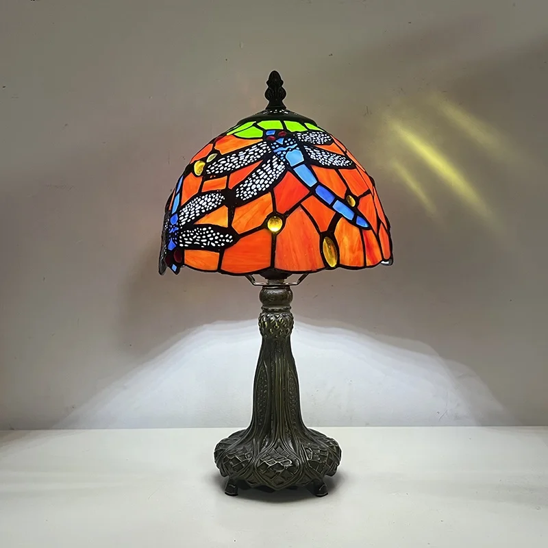 8-Inch Handmade Tiffany Stained Glass Blue Dragonfly Vintage Shade Table Lamp for Home Decor