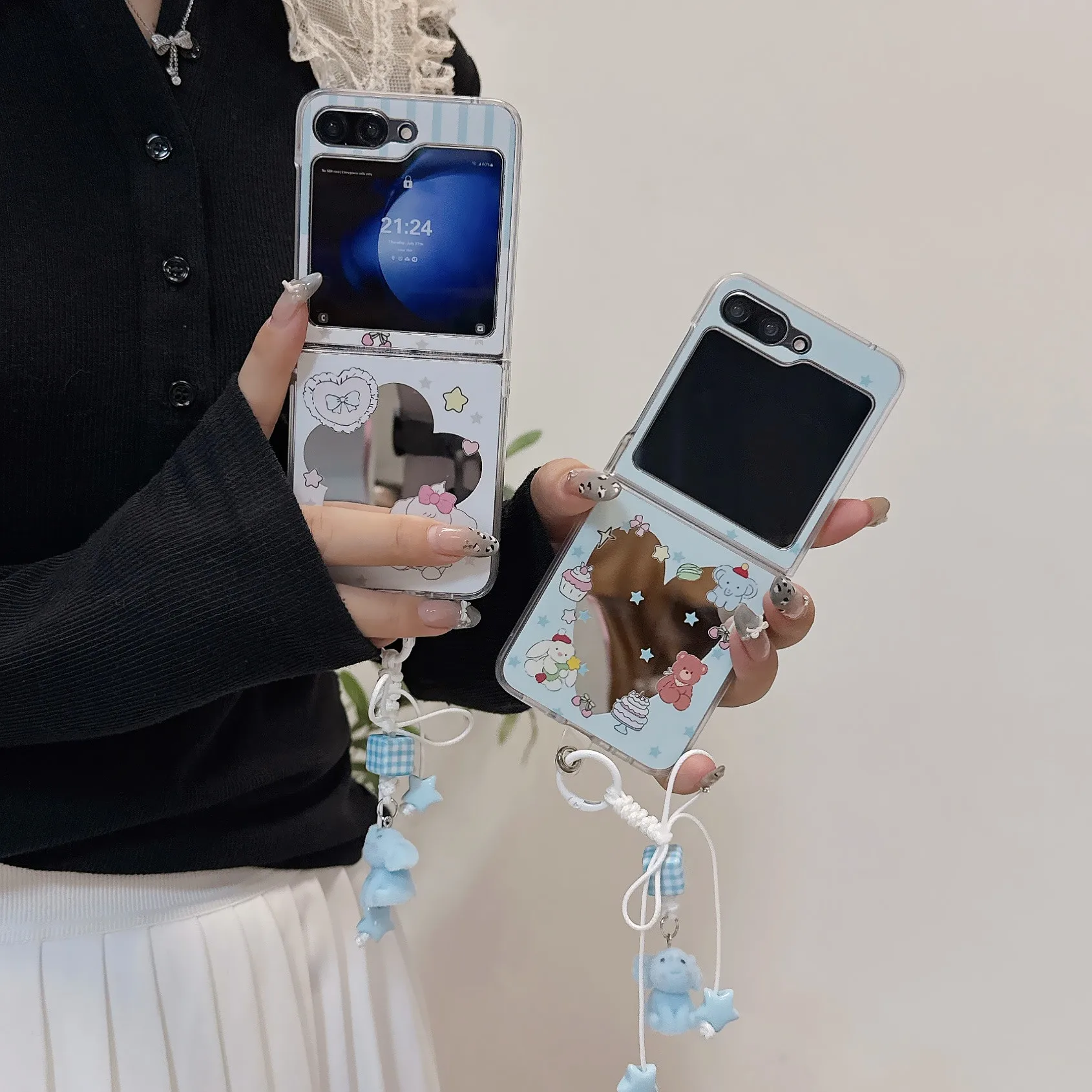 Koreanische Niedliche Welpen-Spiegel-Handyhülle für Samsung Galaxy Z Flip 7 6 5 4 3 Flip 6 Flip7 Cover mit Lanyard-Charm Stoßfeste Hüllen