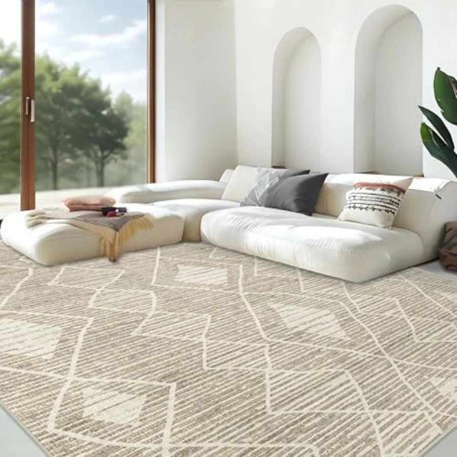 

Living room area rug, 8x10 ft, cream beige boho geometric design, soft non-shedding polyester, non-slip backing, foldable and w