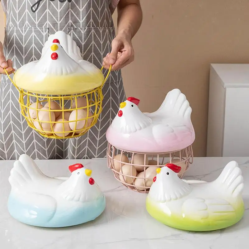 

Egg Basket With Ceramic Lid Homewares Chicken Hen Shaped Egg Collection Storage Wire Basket Egg Basket For Collecting Eggs