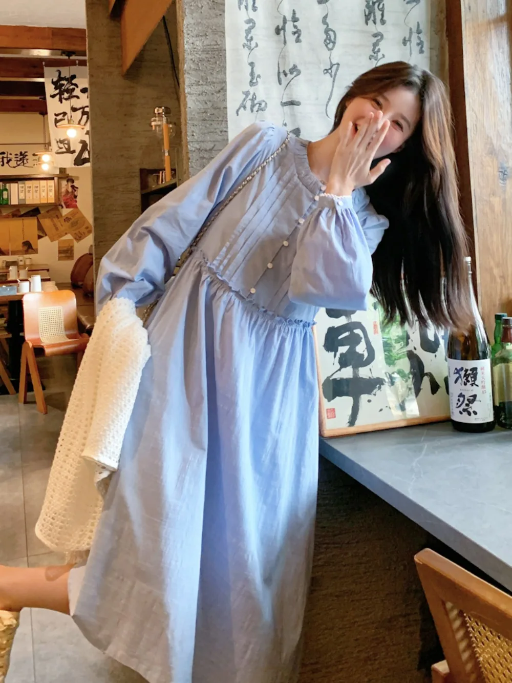 Vestido de camada azul chiffon camisa vestido com franja bainha sobreposição início do outono estética feminina estilo etéreo núcleo sillage