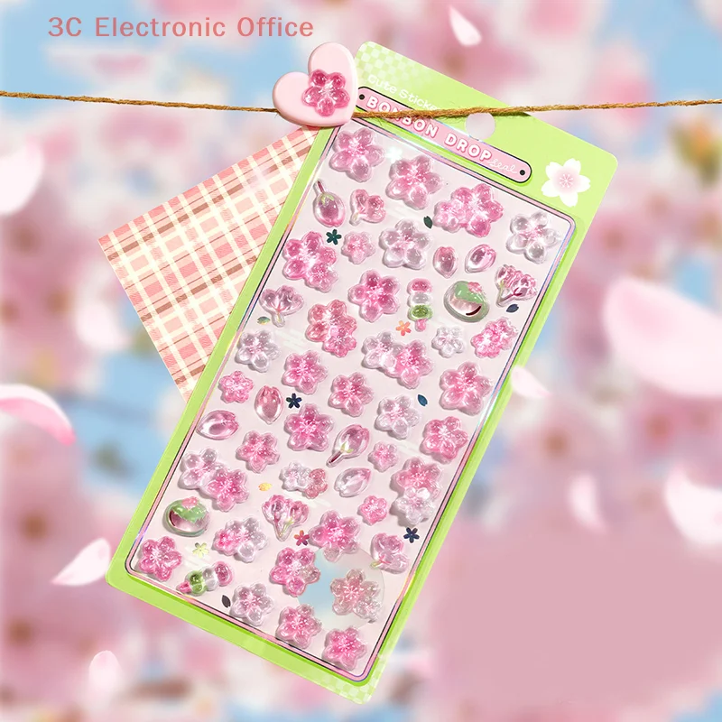 Pink Cherry Blossom 3D Relief Stickers For DIY Diary Decor Hand Account Decorative Journal Scrapbooking Material