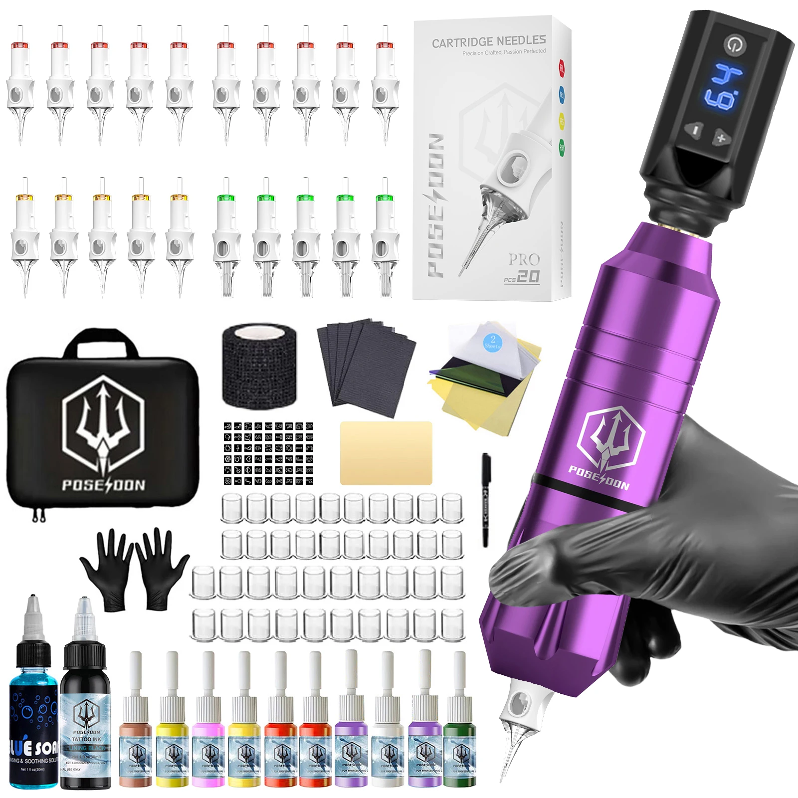 

V6 Tattoo Kit POSEIDON Purple Tattoo Pen Kit For Permanent Makeup Tattoo Machine Kit Wireless Tattoo Power Supply Tattoo Gun Kit