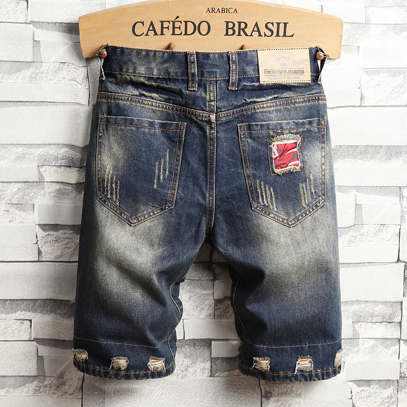 Shorts de motocicleta jeans, retrô slim-fit masculino, calça média, buraco e remendo, moda verão 2022