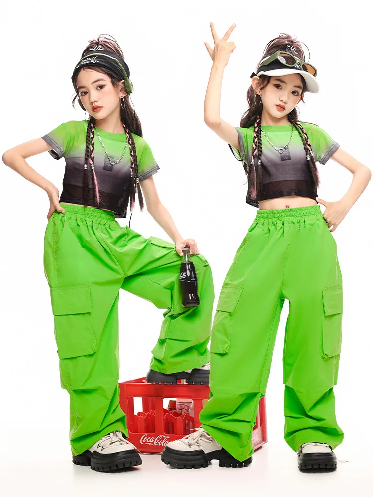 Kinderen Cool Hiphop Semi-Transparante Mesh Crop Top T-Shirt Groen Casual Cargobroek Met Ruches Voor Meisjes Jazz Dans Kostuum Kleding