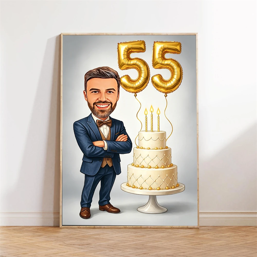 Custom Any Age Number Poster 45th Birthday Caricature Portrait Pints Personalised 55th Birthday Cartoon Portrait Canvas Painting