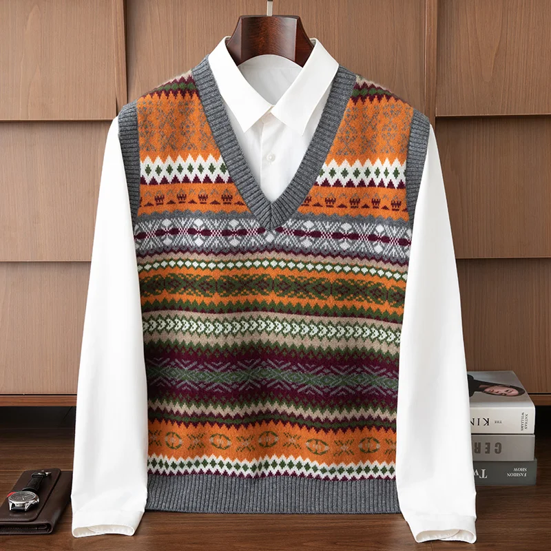 

Men's Thickened Casual V-neck Jacquard Sweater Tank Top 2025 Autumn Winter Warm Trend Loose Sleeveless Pullovers Knitd Vest