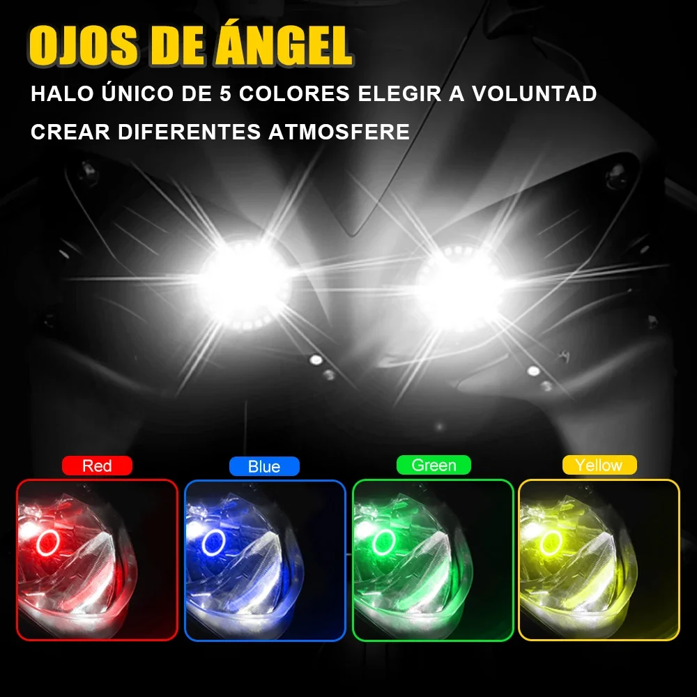 

Motorcycle Car LED Headlights with Angel Eye Circle Red Blue Green Yellow Color 9003 HB2 H4 Hi Lo Beam 21W COB Chips 6000K