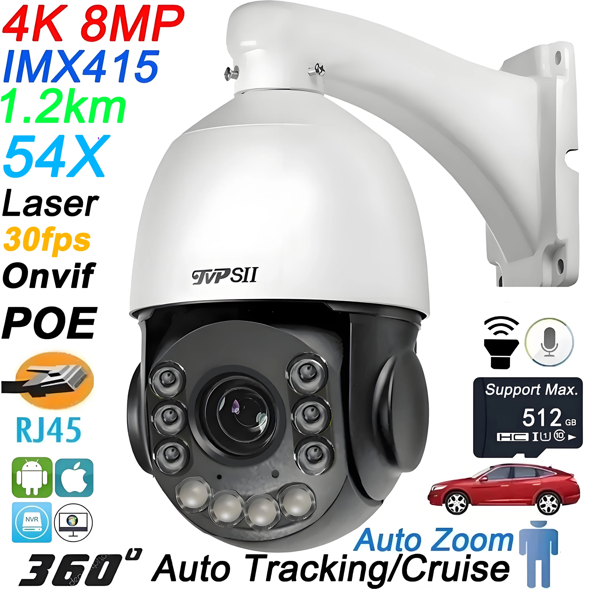 

Metal Onvif Laser Infrared Auto Tracking Cruise 30fps 8MP 54X Optical Zoom 360° Audio POE PTZ Speed Dome Surveillance IP Camera