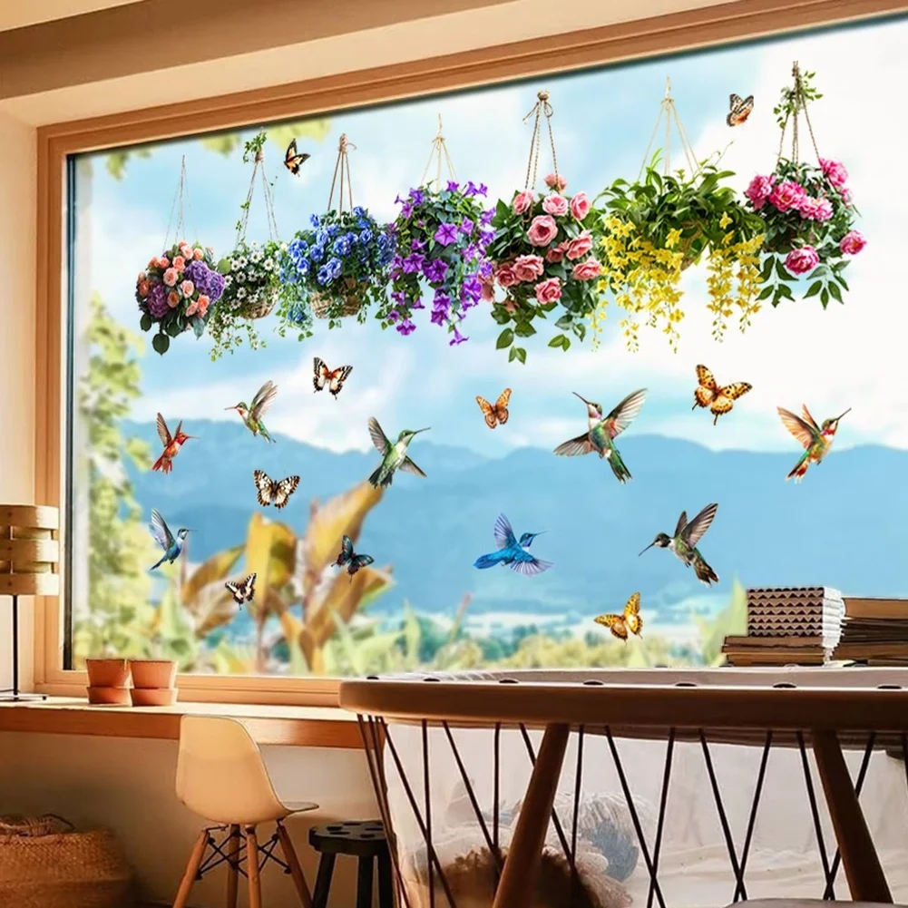 Removable Static Cling Window Decals, Floral Basket Bird & Butterfly Pattern, Reusable Glass Decor Sticker, Art Ornament