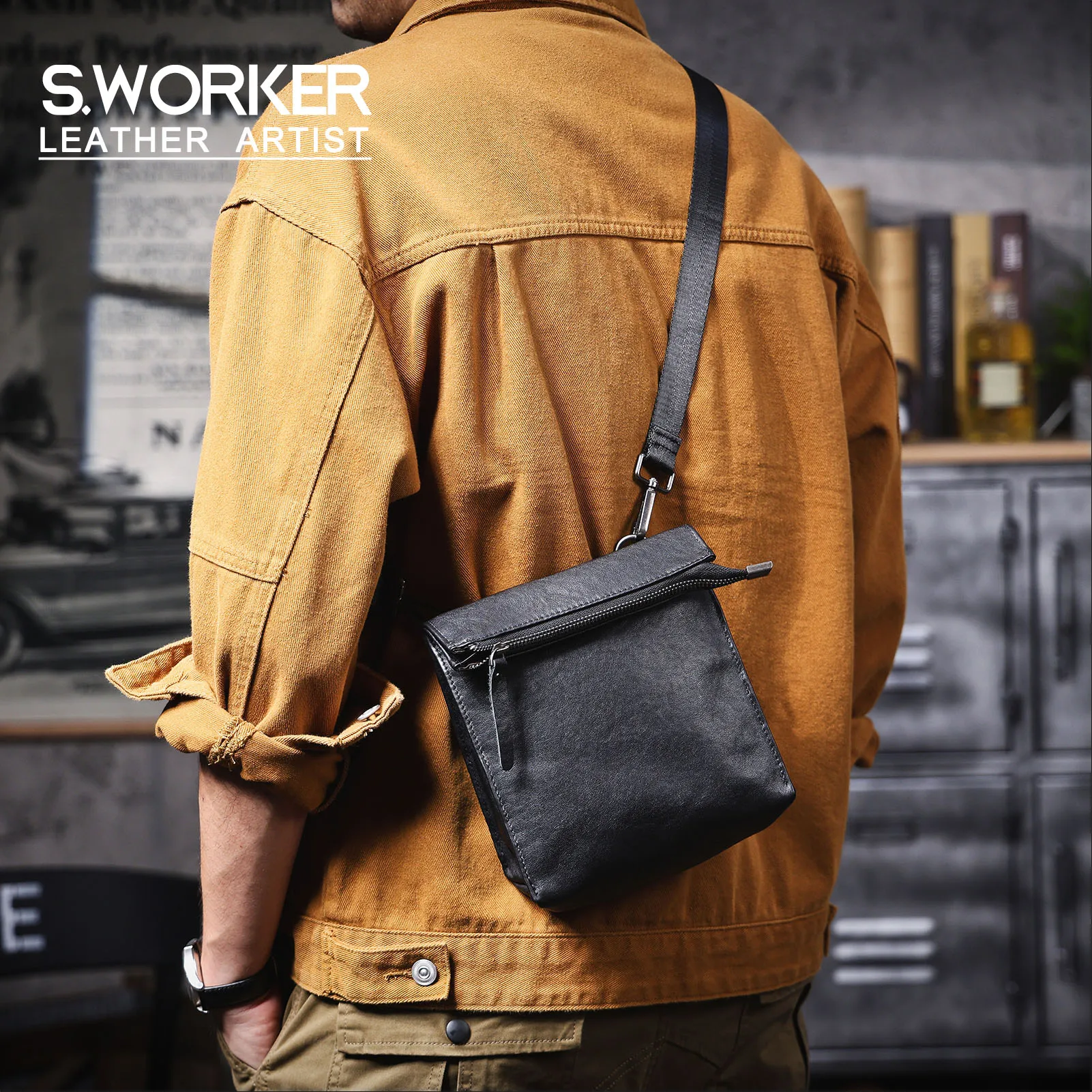 Echte Leder-Umhängetasche für Herren, Modische Brusttasche aus Rindsleder, Pflanzlich gegerbtes Leder, Unisex – Detail 2