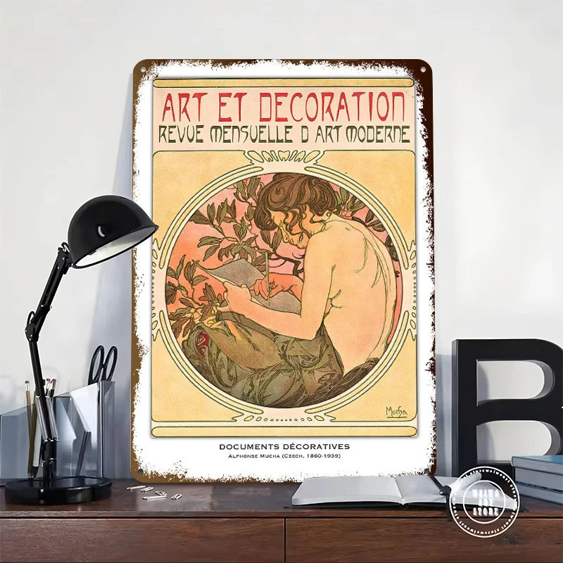 Art Nouveau By Mucha Printed Poster Customized Retro Wall Art Vintage Metal Tin Signs for Home Interior Decoration Living Room