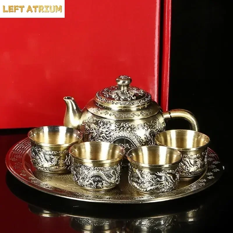Premium Vintage Dragon Phoenix Kung Fu Tea Set with Engraved Tray