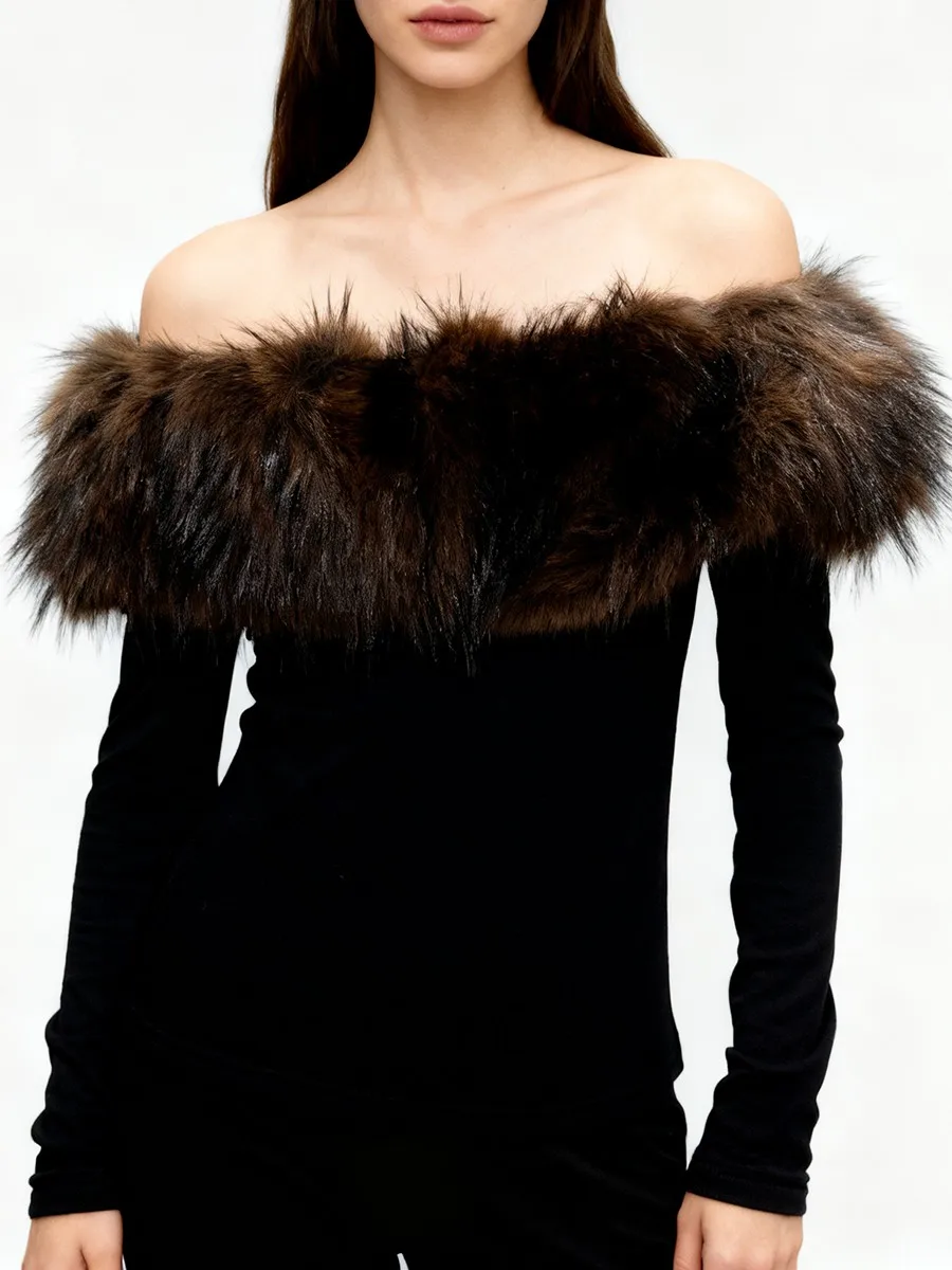 

New Autumn Women's Elegant T-Shirt, Solid Spliced Fur Collar Slash Neck Top, Long Sleeve Short Female Clothes