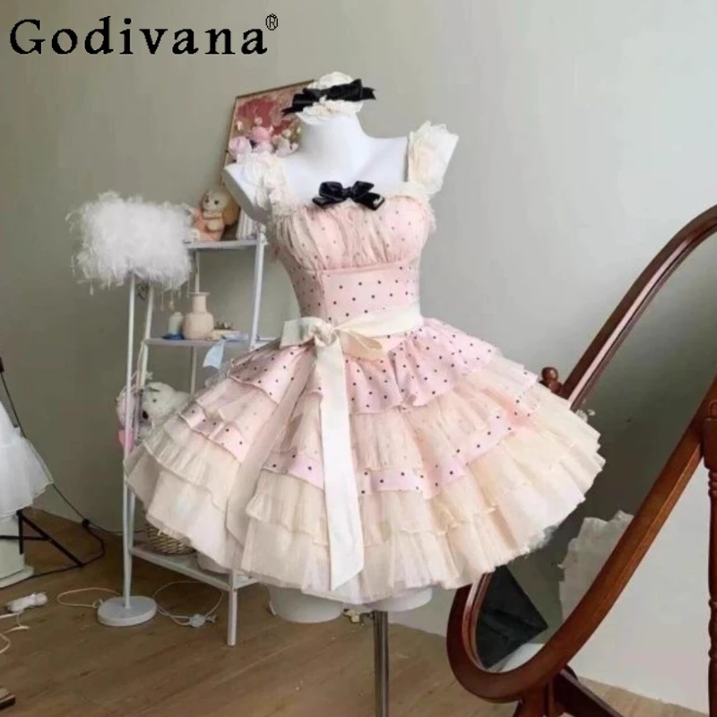 ballet-style-pink-polka-dot-princess-dress-girls-pure-desire-sweet-lace-dress-women's-bow-waist-puffy-birthday-party-dress