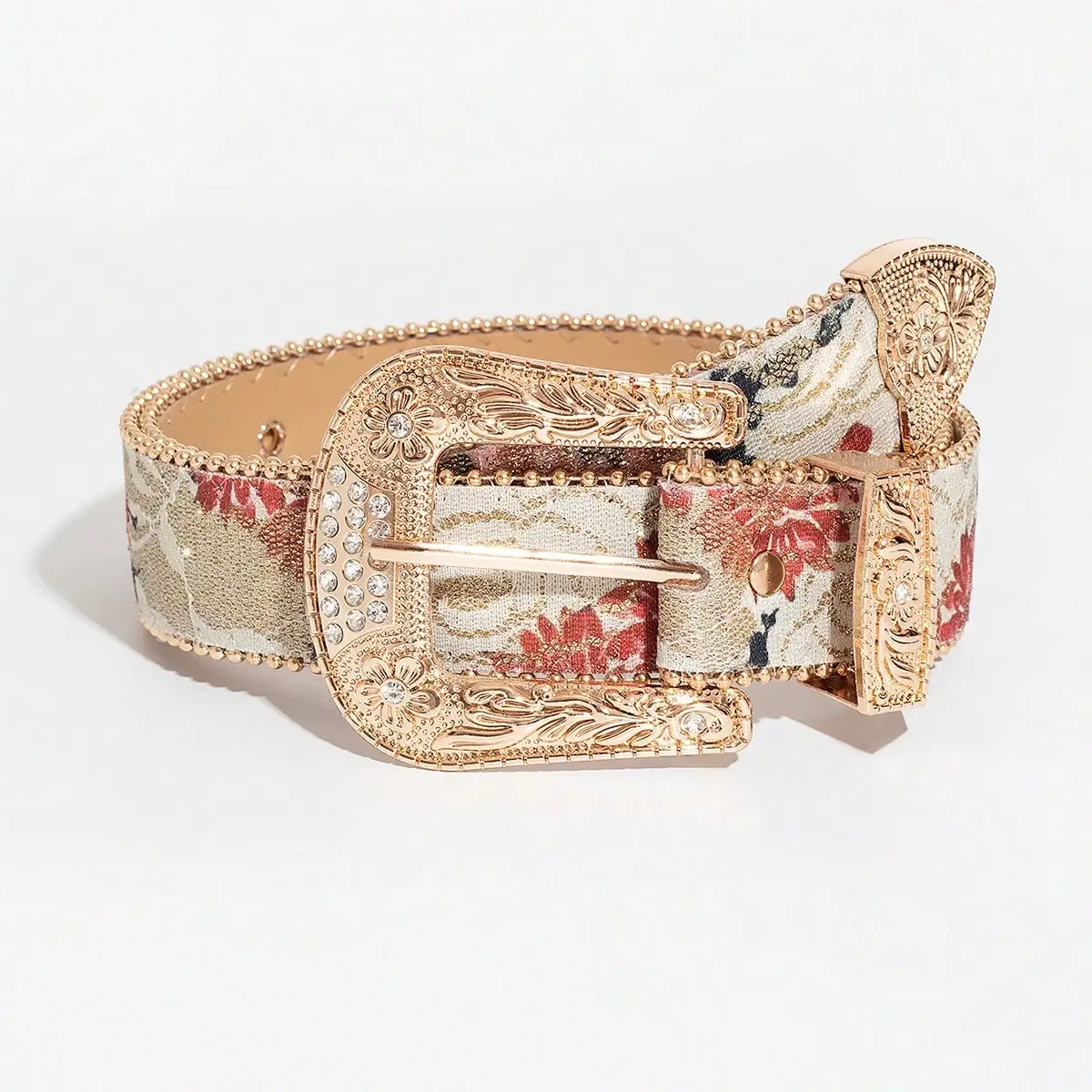Women's Light Luxury and Elegant Carved Metal Buckle Multi-color Maple Leaf Glitter Print Beaded Edge Belt for Jeans