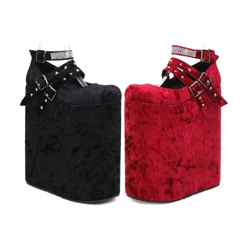 Extreme Platform Heels Rhinestone Ankle Strap Pumps Studded Buckle Straps Gothic Punk Style Wedge Dress Up Performance Shoes