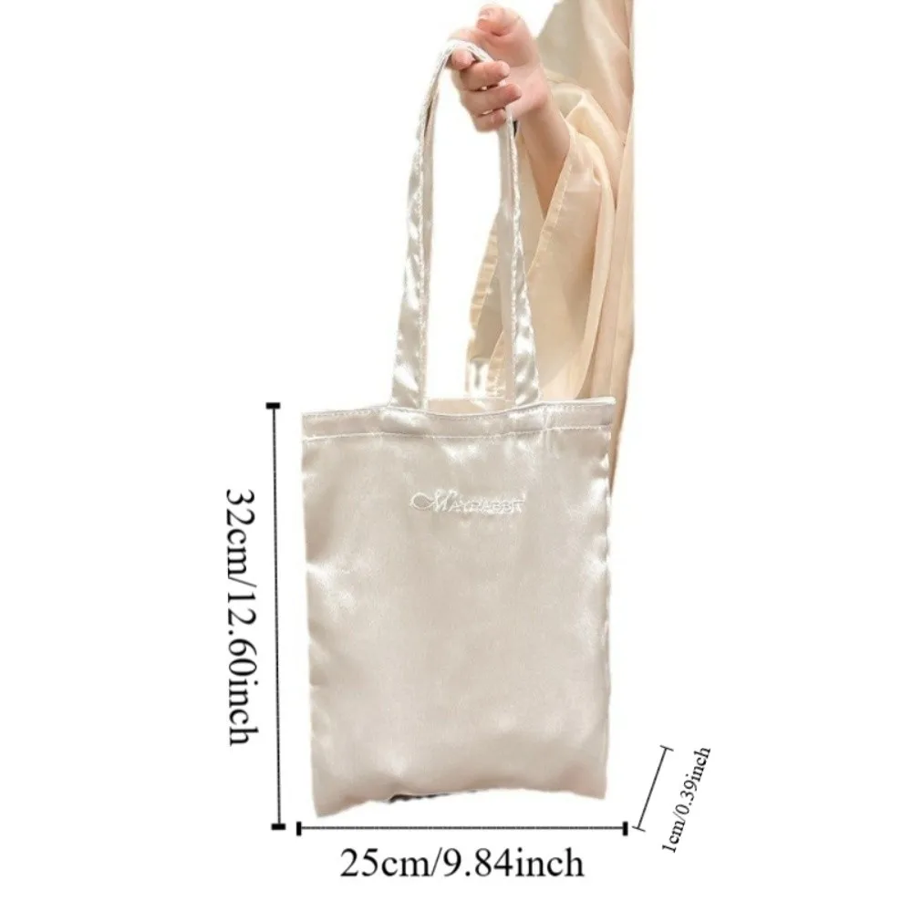 Letter Embroidery Satin Silk Tote Bag Elegant Large Capacity Canvas Shoulder Bag Lightweight Versatile Simple Underarm Handbag