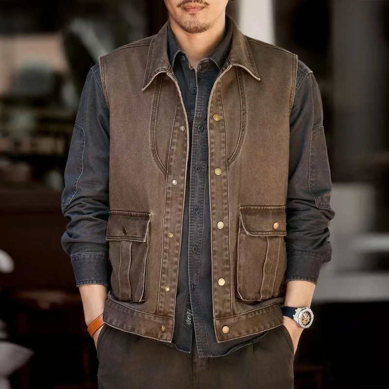 Men's Retro Workwear Wasteland Style Vest Outdoor Tactical Loose Jacket Casual Sleeveless Coat Fall Winter New