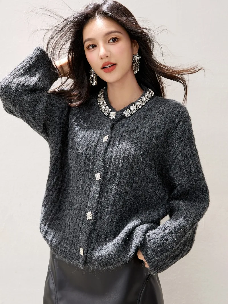 

2025 Autumn Winter Diamonds Knitted Cardigan Jackets Women Clothing French Korean Style O-neck Casual Loose Sweater Ladies Tops