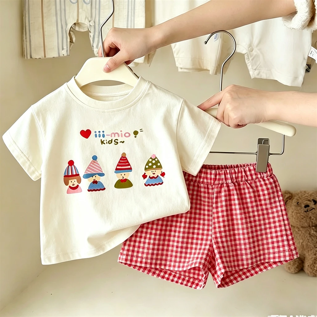 Girls Clothing Short-sleeved Outfits White Pink Tshirt Plaid Shorts Two Piece Set Outer Wear New Design Print Tees +Shorts 2pcs