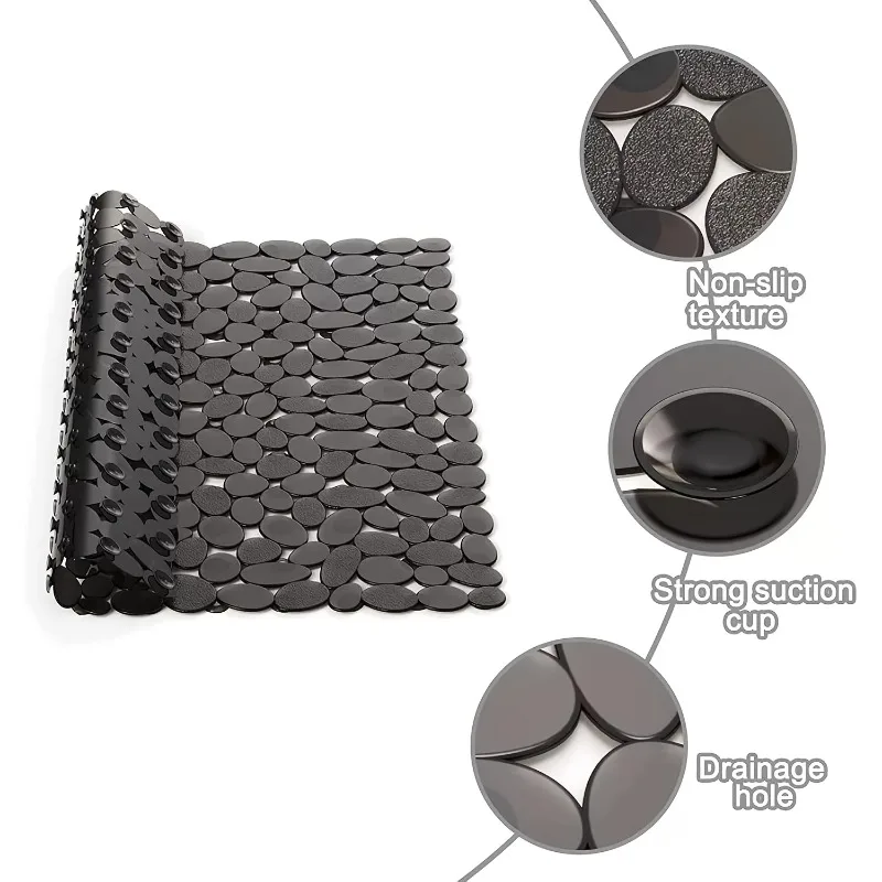 Pebble Bath Mat Non-Slip Shower Floor Pad Stone Texture Plastic Bathroom Rug with Suction Cups Square Anti-Slip Mat