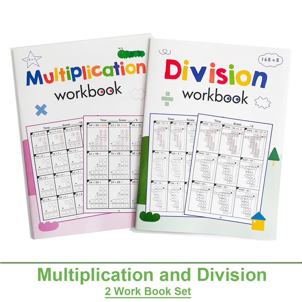 Conjunto de cadernos de treinamento de multiplicação e divisão longa de 2 dígitos, folha de trabalho de teste de prática de matemática graus 3-6 aritmética da escola primária
