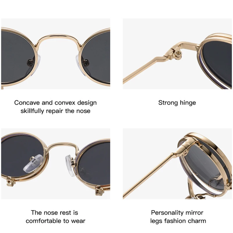 نظارات شمسية مستديرة بيضاوية صغيرة قابلة للطي للنساء ، نظارات شمسية سايبر بانك ، عدسات بطبقتين للرجال ، ظلال Steampunk رجالية نسائية إسقاط الشحن بالجملة