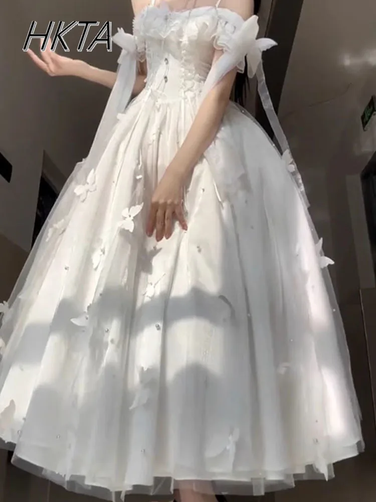 Biała Suknia Ślubna 2025 Letnia Bogini Długa Sukienka Ramiączka Odkryte Ramiona Koraliki Motyl Eleganckie Falbany Sukienka Księżniczki