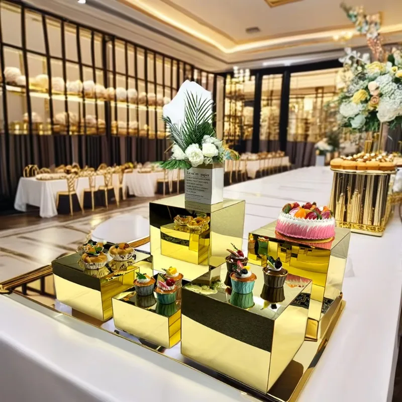 Soporte de exhibición de caja dorada acrílica, elevador de exhibición anidado, bolsa de joyería de Navidad para boda, elevador de comida para catering