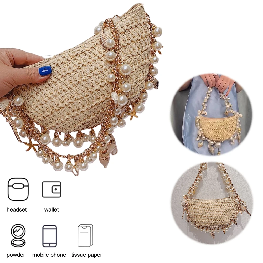 

Women Pearl Conch Handbag with Pearl Chain Elegant Straw Shoulder Bag Breathable Holiday Beach Bag Seaside Soft Clutch