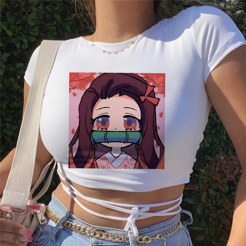 Demon Slayer Anime Prints T-Shirt For Female Loose Tee Shirts Breathable Hip Hop Tops Personality Summer Bandage Y2K T Shirts