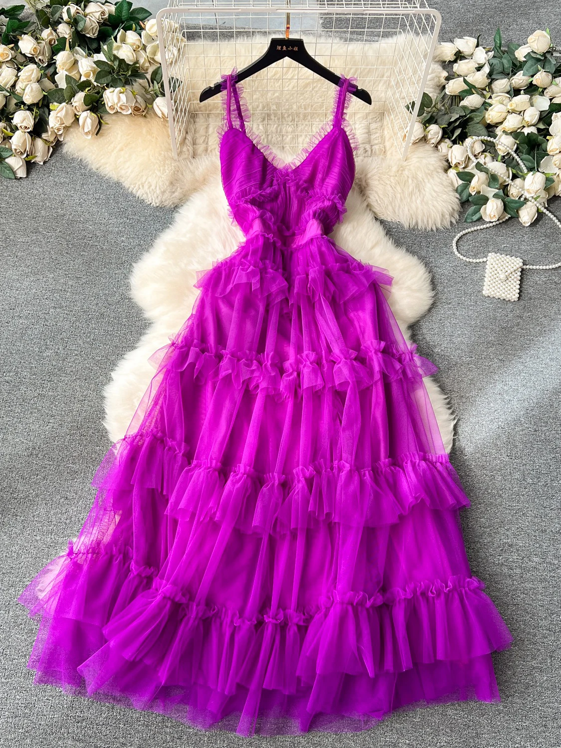 Summer Women Sexy Mesh Spaghetti Strap Long Dress Red/Purple/Green/Black V-Neck Sleeveless High Waist Ruffle Maxi Vestidos New