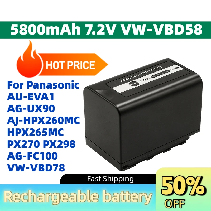 In Stock 5800mAh 7.2V VW-VBD58 Camera Battery for Panasonic AU-EVA1 AG-UX90 AJ-HPX260MC HPX265MC PX270 PX298 AG-FC100 VW-VBD78