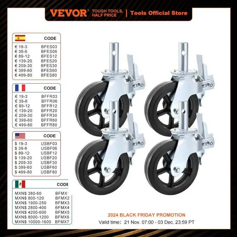 VEVOR 4 Pack 8 x 2 Inch Heavy Duty Scaffolding Rubber Swivel Caster With Dual Locking 1100LBS Capacity Per Wheel 360 Degrees