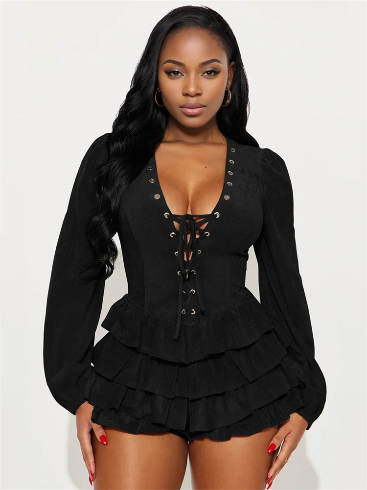 Bizarre Puss shirring Robe Femmes Classique Tierred Ourlet Plein Manches Profonde Col V Maigre Sexy Minuit automne Prom Party Mini Moulante