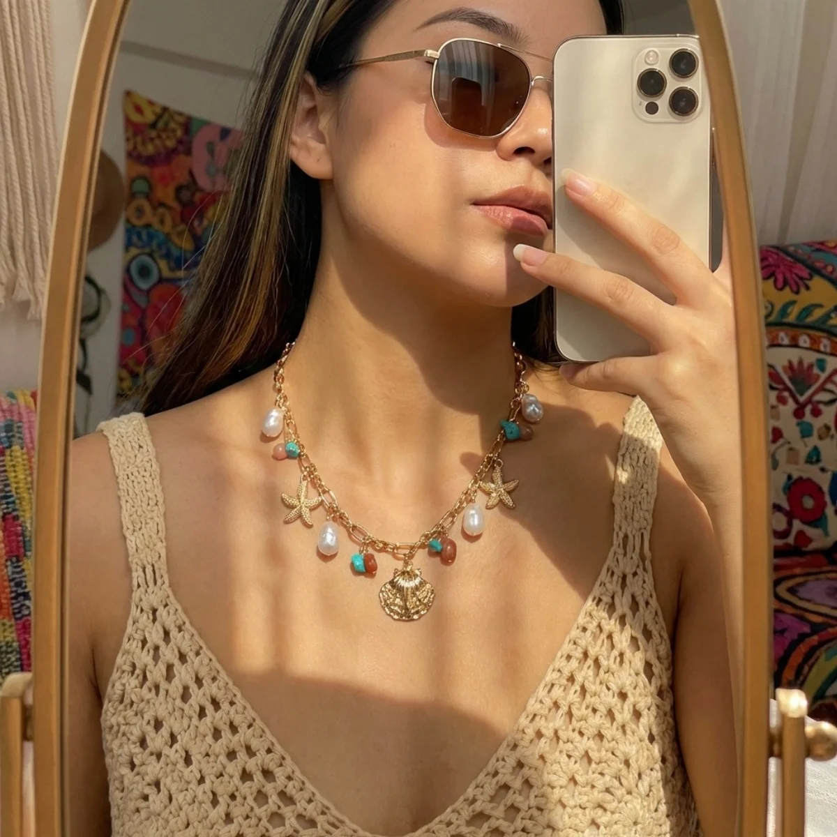 Sommerliche Muschel-Seestern-Imitationsperlen-Quasten-Anhänger-Halskette für Damen und Herren – Seepferdchen, Fisch, Muschel, Schildkröte, Delfin Choker-Schmuck – Detail 9