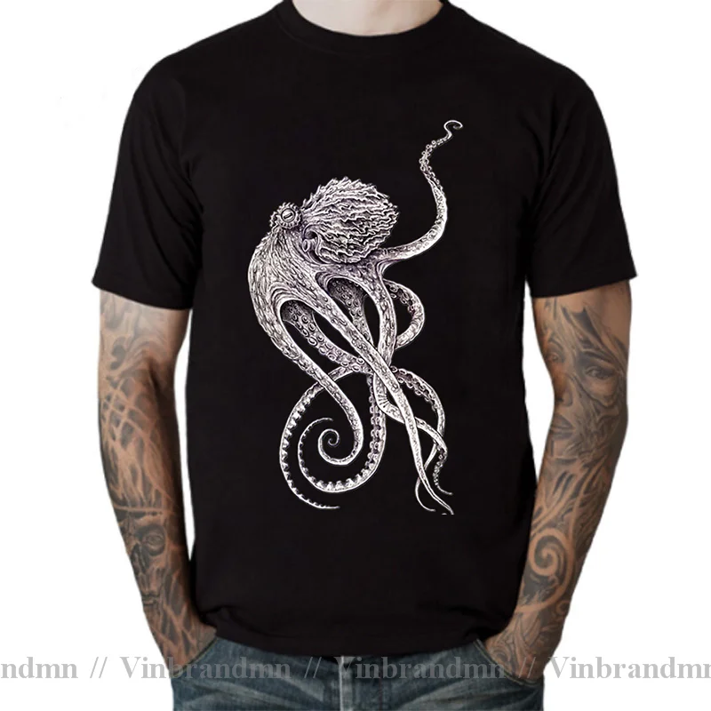 Black T-shirt Men Elegant Octopus Print T Shirt Steampunk Tops Tees Personalized Short Sleeve TShirt Father Day Gift Cloth