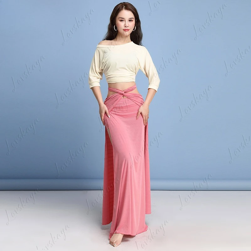 New Dance Belly Dance Slant Shoulder Contrasting Color Strap Practice Suit Split Fork Long Skirt Set Oriental Dance Suit