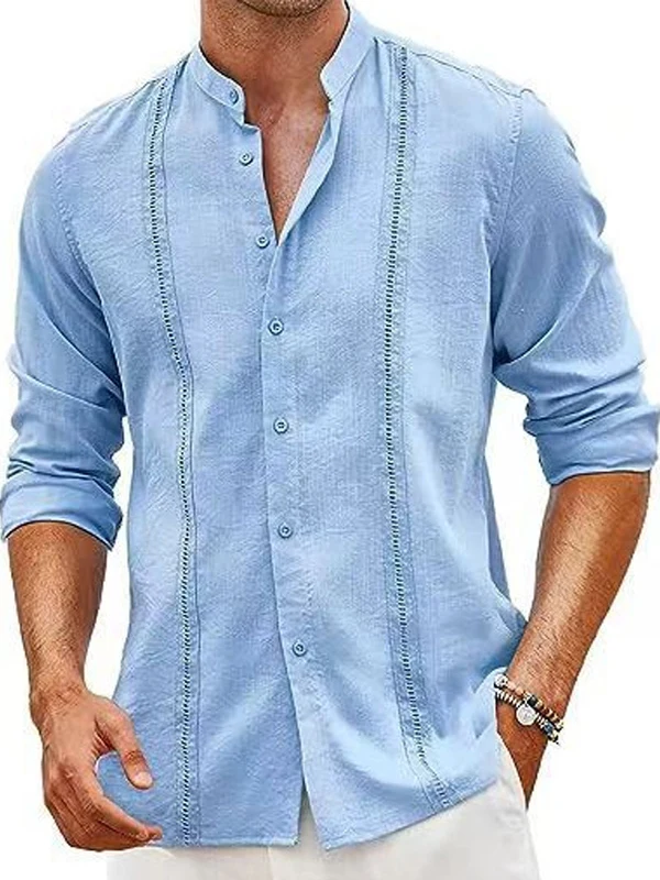 

New Men's Slim Fit Long Sve irt Cotton Linen Button Stand Collar Busin Commute Breathable Faionable M Top