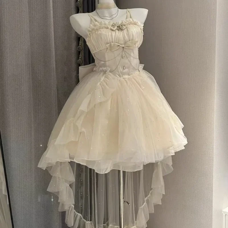 2025 Women Kawaii Ruffles Bow Suspender Princess Dresses Gothic Lolita Jsk Mini Dress Girl Sweet Fairy Party Trailing Dress