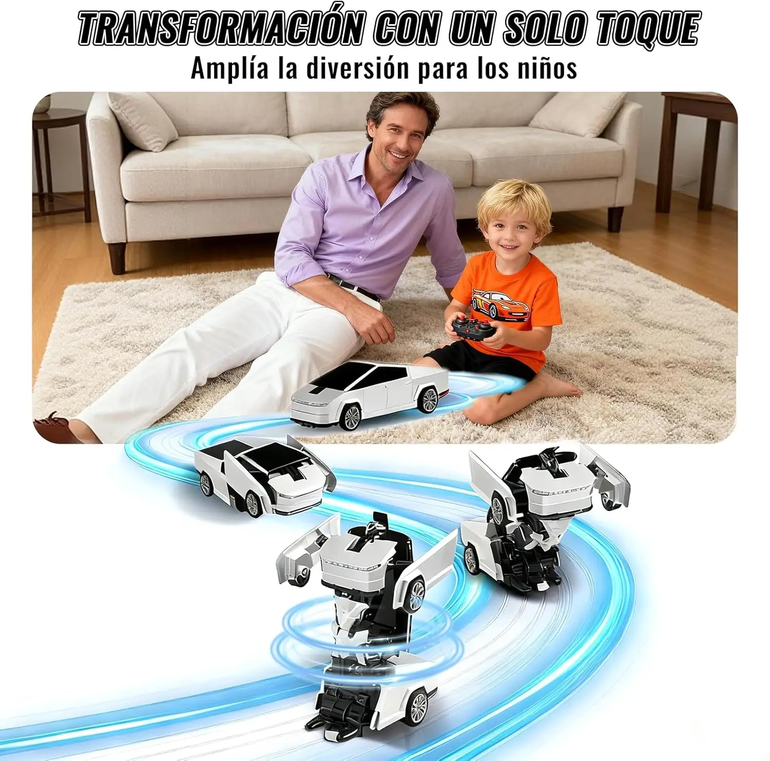 Samochód-transformer RC 2.4G - Transformacja jednym przyciskiem 360 °   Zabawka dla dzieci: driftujący pojazd z efektem chłodnego światła, automatyczna demonstracja, ładowanie przez USB, idealna na prezent.