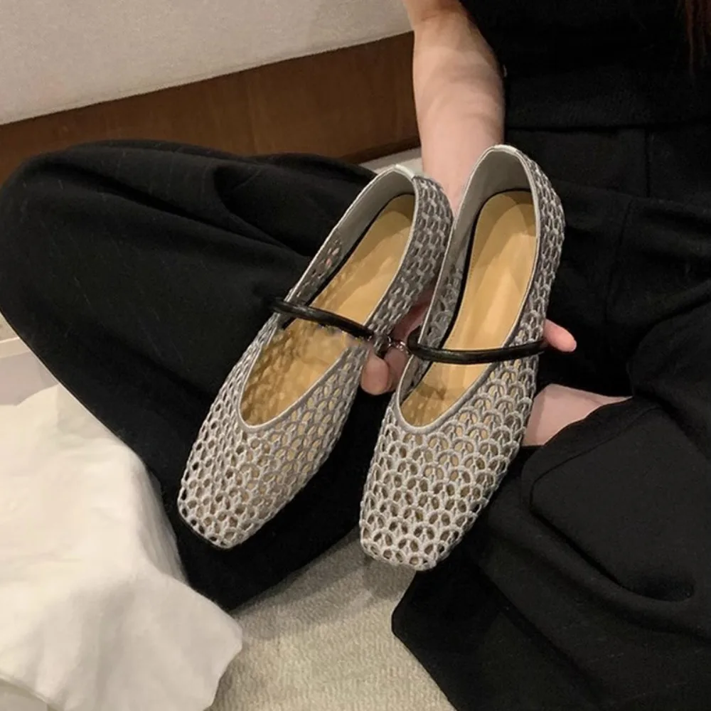 2026hot Square Head Hollow Woven Casual Comfortable Women's Flat Shoes Cut-out Mary Jane Single-layer Shoes Fishnet Shoes